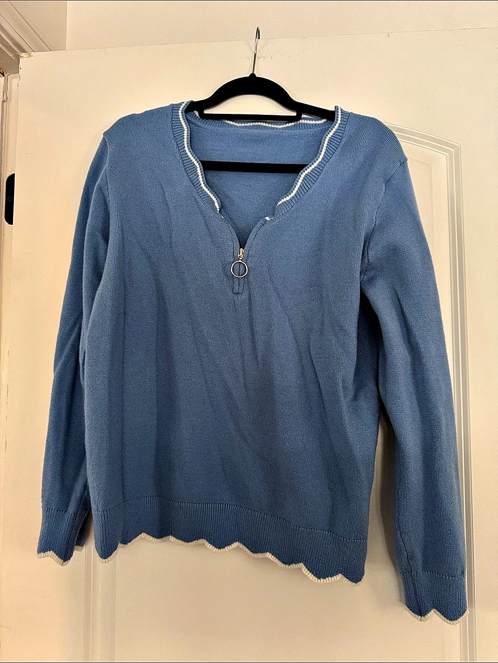 Blue Scalloped Zip Sweater Size Medium Like New